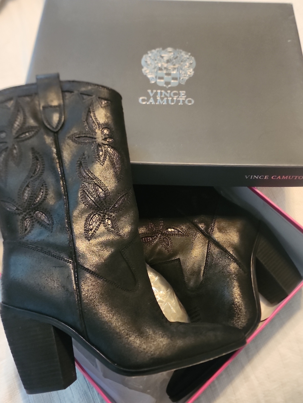 Vince Camuto Black Leather Embroidered Western Ankle Boots